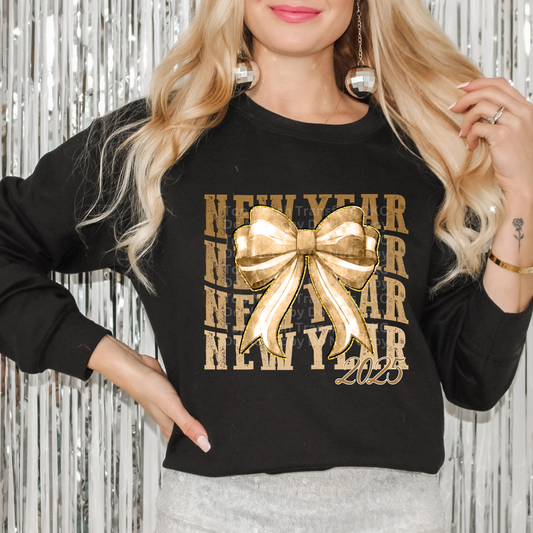 Happy New Year 2025 Gold Stacked w/Bow DTF Transfer