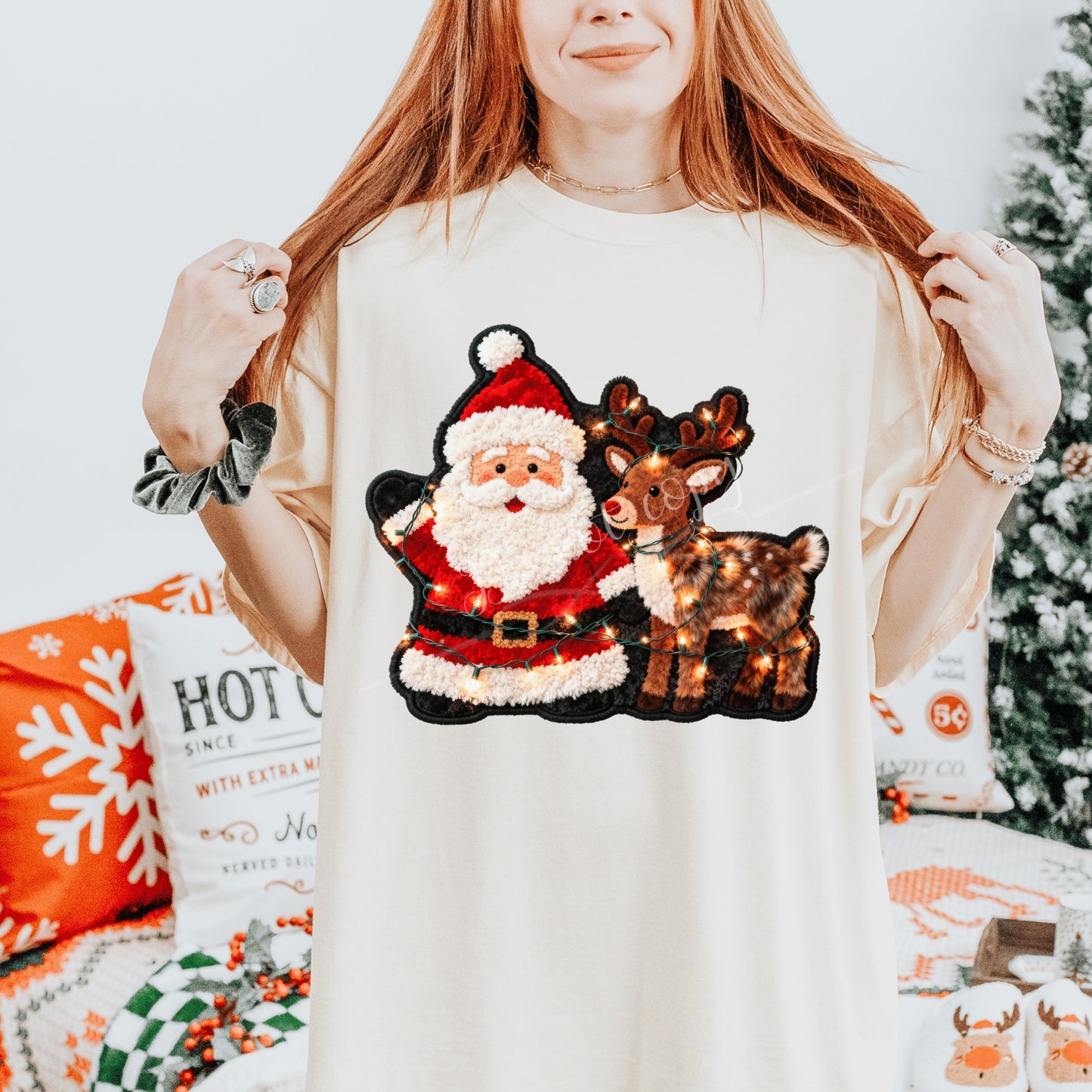 Faux Yarn Santa & Reindeer w/ lights DTF Transfer