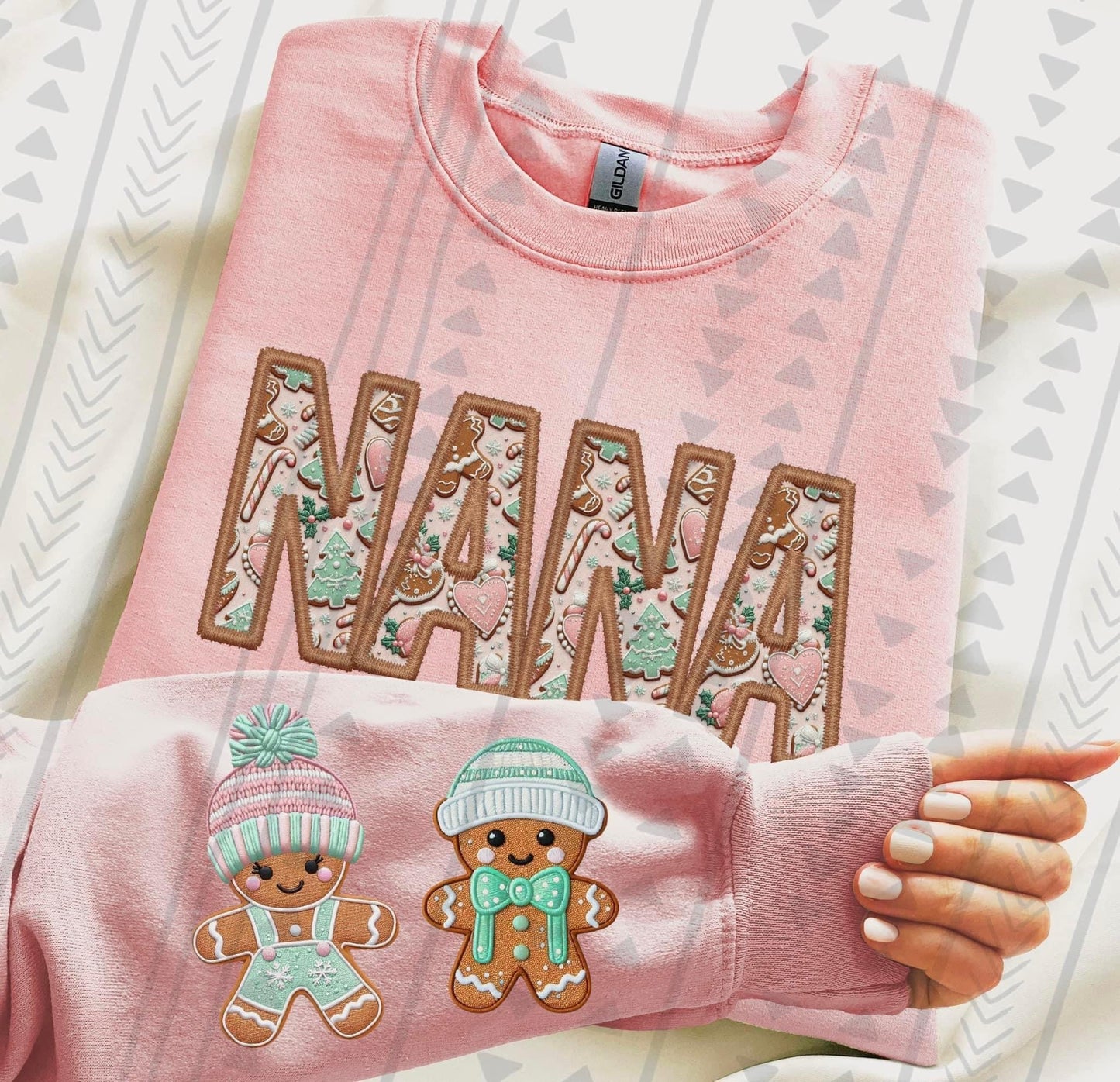 Nana Gingerbread Faux Embroidery DTF Transfer *For sleeve designs leave names in checkout notes*
