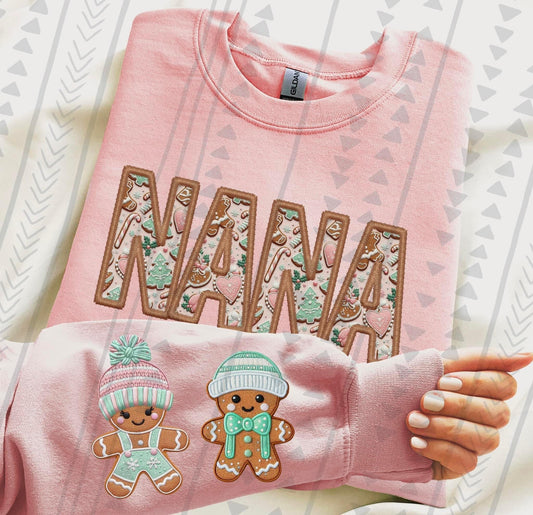 Nana Gingerbread Faux Embroidery DTF Transfer *For sleeve designs leave names in checkout notes*
