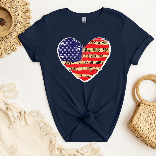 American Flag Heart -Red & Cheetah Print Stripes DTF Transfer