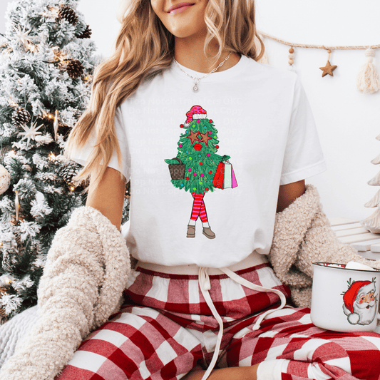 Christmas Tree with Pink Striped Legs, Grey Purse & Shopping Bags DTF Transfer