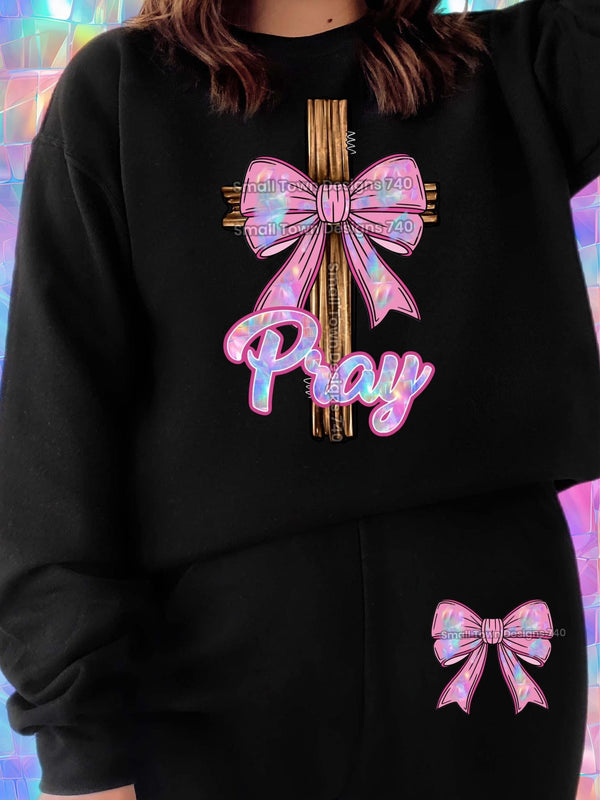 Pray -Cross with Pink Holographic bow DTF Transfer