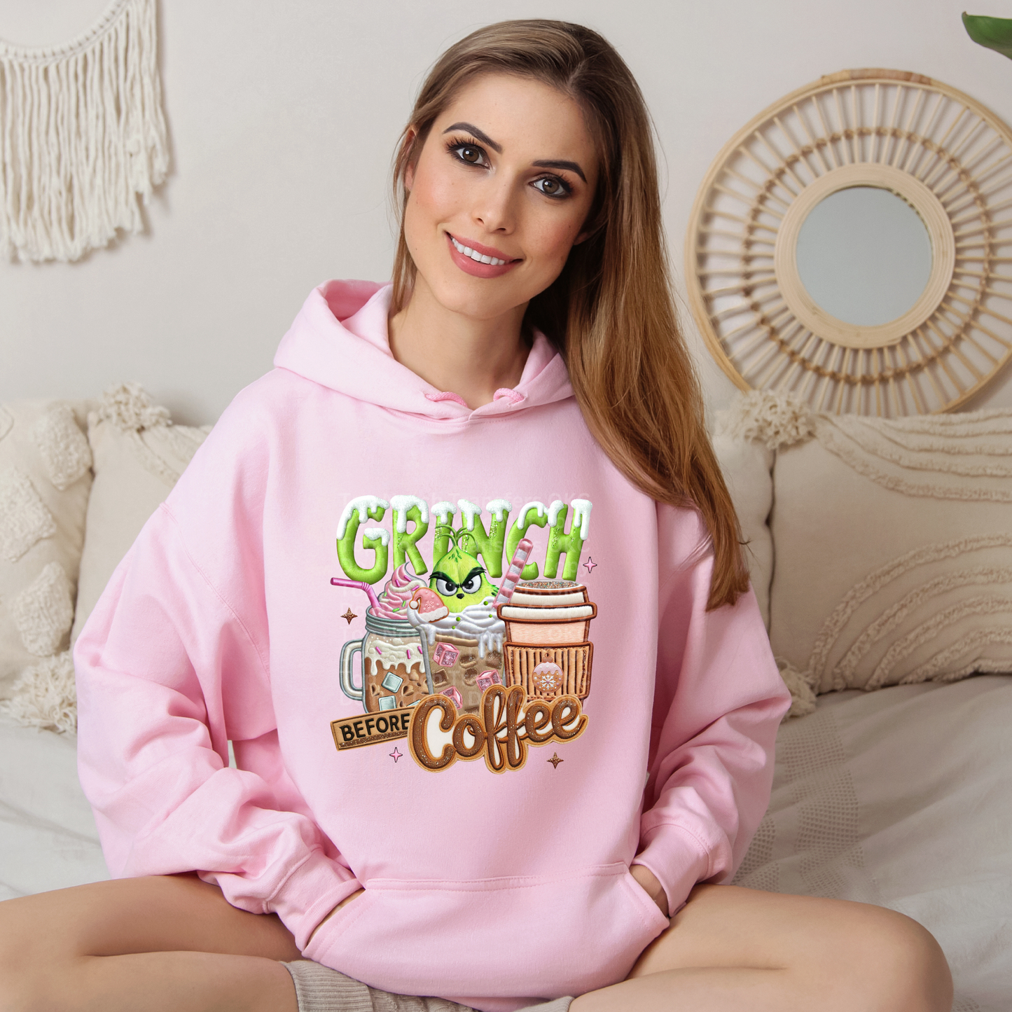 Gr!nch Before Coffee Pink & Tan DTF Transfer