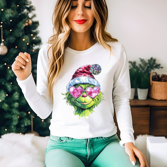 Green guy Pink Heart Glasses Disco Santa Hat DTF Transfer