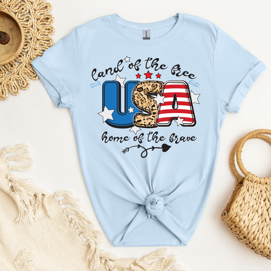 USA Land of the Free Home of the Brave Blue U, Cheetah print S Red/White A DTF Transfer