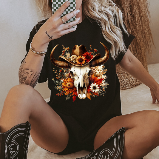 Skull with Flowers & Brown Hat DTF Transfer