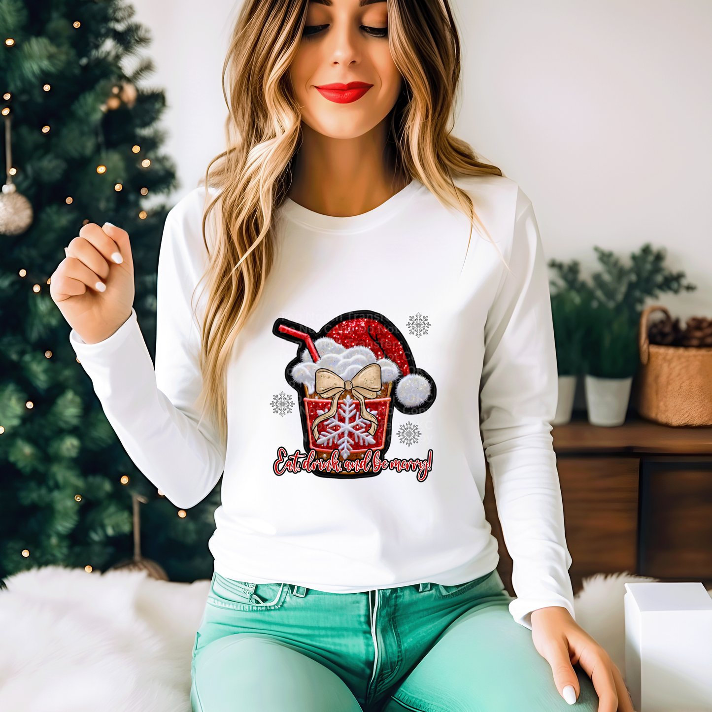 Eat Drink & Be Merry - Faux Embroidery Glitter DTF Transfer