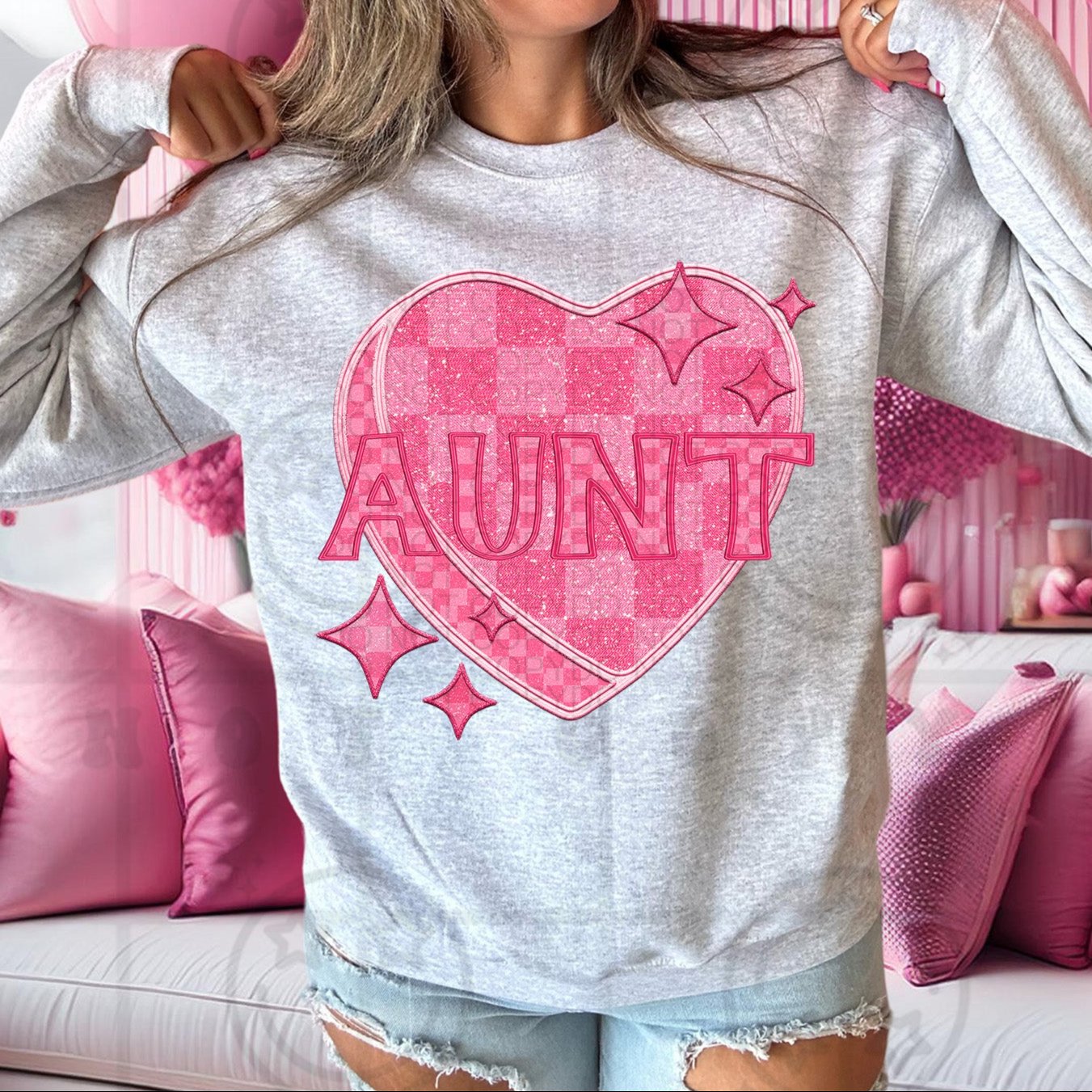 Aunt - Pink Checkered Heart DTF Transfer