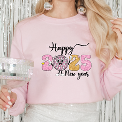 Happy 2025 New Year Faux Glitter Pnk/Gld DTF Transfer