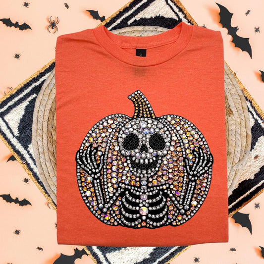 Skeleton Pumpkin Faux Rhinestone DTF Transfer