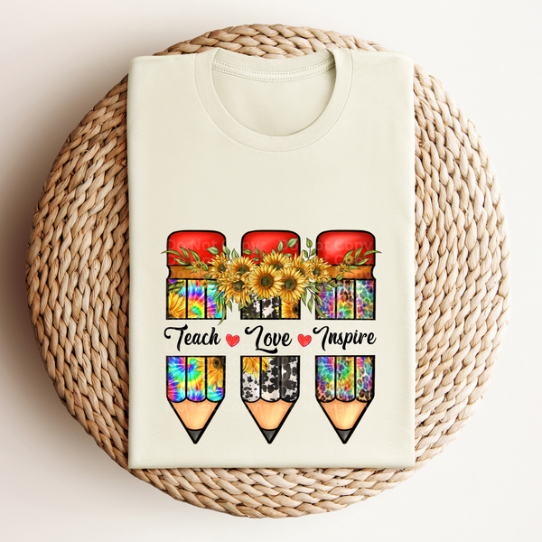 Teach Love Inspire Sunflowers & Multi-colored Pencils DTF Transfer