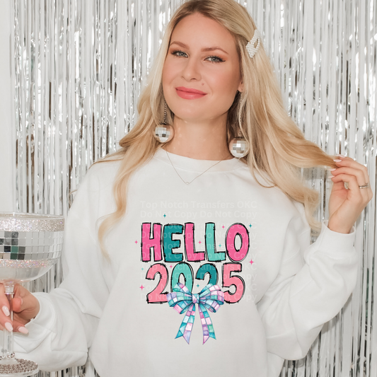 Hello 2025 Blue & Pink Bow DTF Transfer