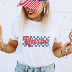 Patriotic Nurse blue checkered background DTF Transfer