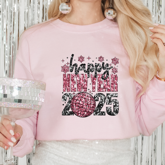 Happy New Year Pnk/Blk Disco Snowflakes DTF Transfer