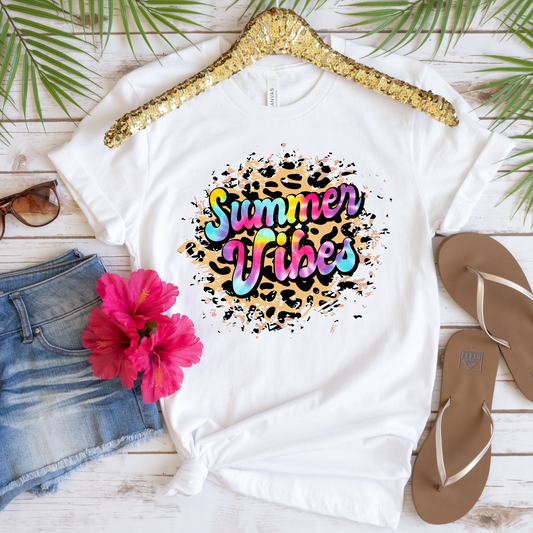 Summer Vibes Tie Dye Letters Leopard Print Background DTF Transfer