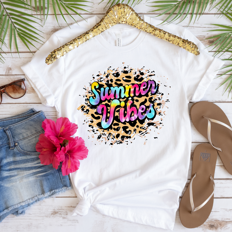 Summer Vibes Tie Dye Letters Leopard Print Background DTF Transfer