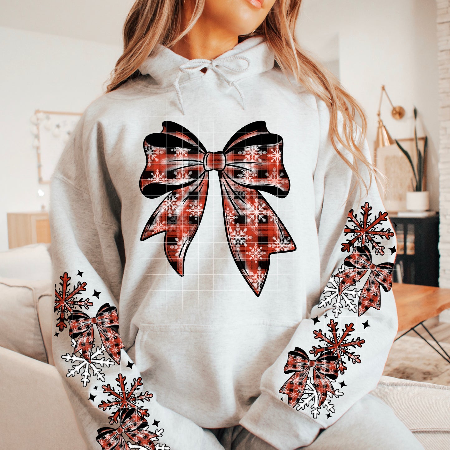 Red Plaid Bow & Snowflakes *Optional long sleeve design* DTF Transfer