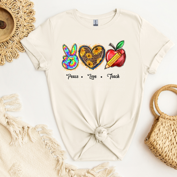 Peace Love Teach - Tye-Dye Peace, Sunflower Heart & Apple DTF Transfer