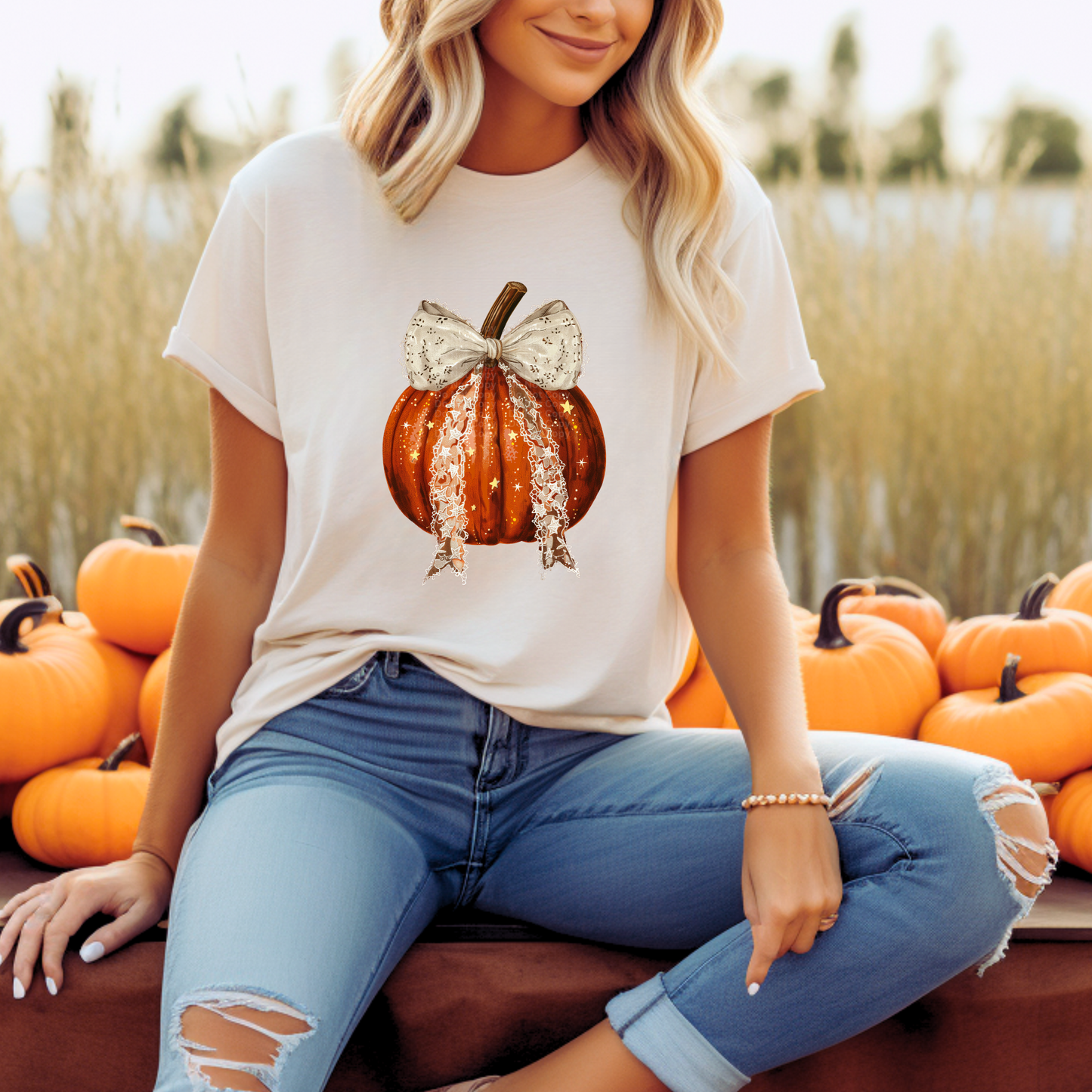 Pumpkin w/Long White Bow DTF Transfer
