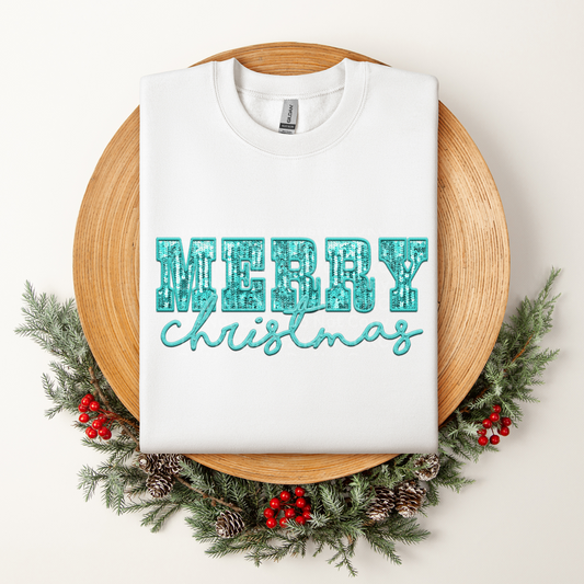 Merry Christmas Aqua Faux Sequins DTF Transfer