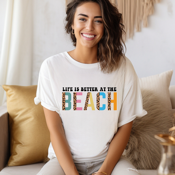 Life Is Better At The Beach - Half Leopard Print Letters DTF Transfer