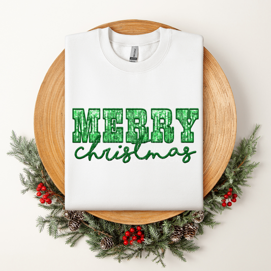 Merry Christmas Green Faux Sequins DTF Transfer