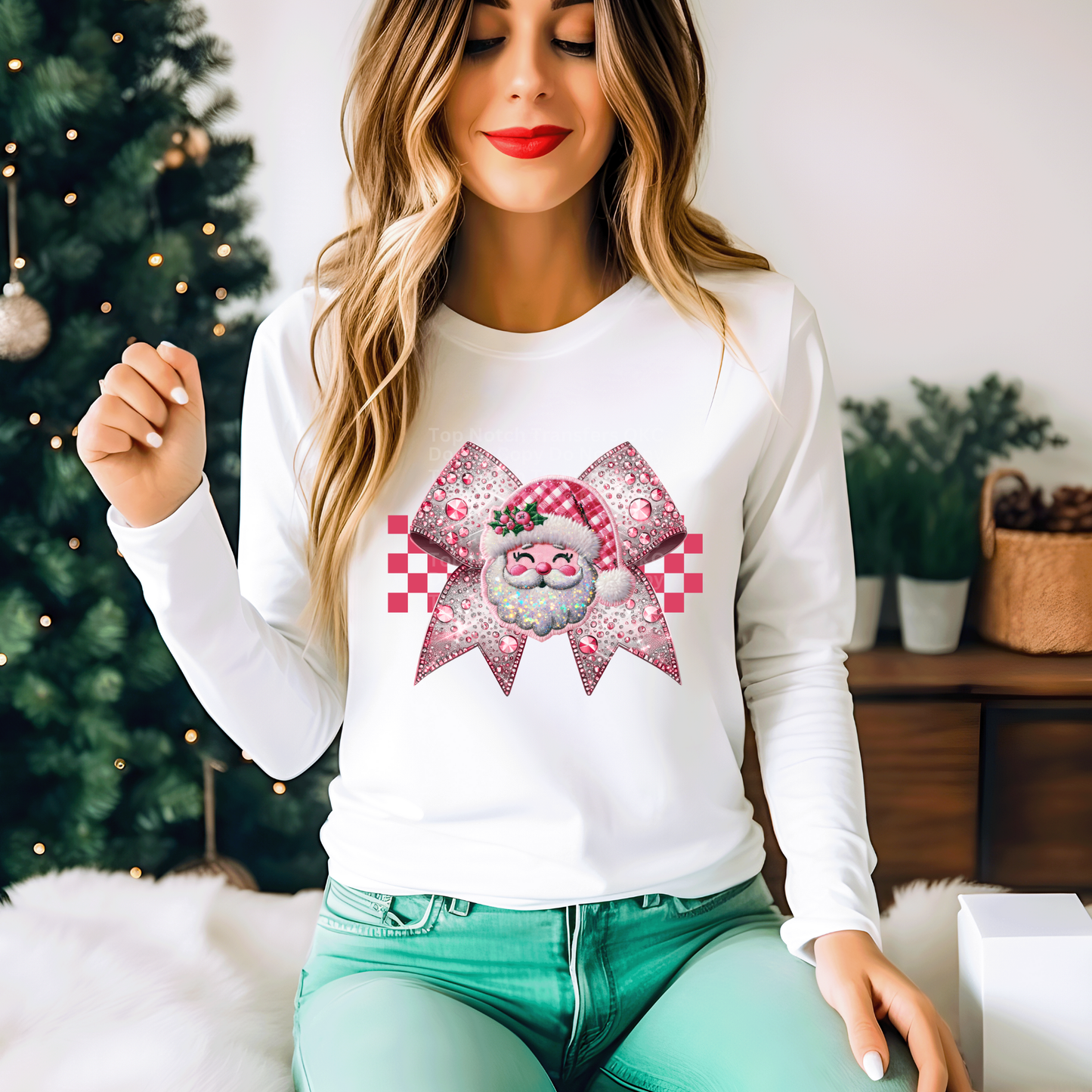 Pink Santa Bow - Faux Rhinestones DTF Transfer