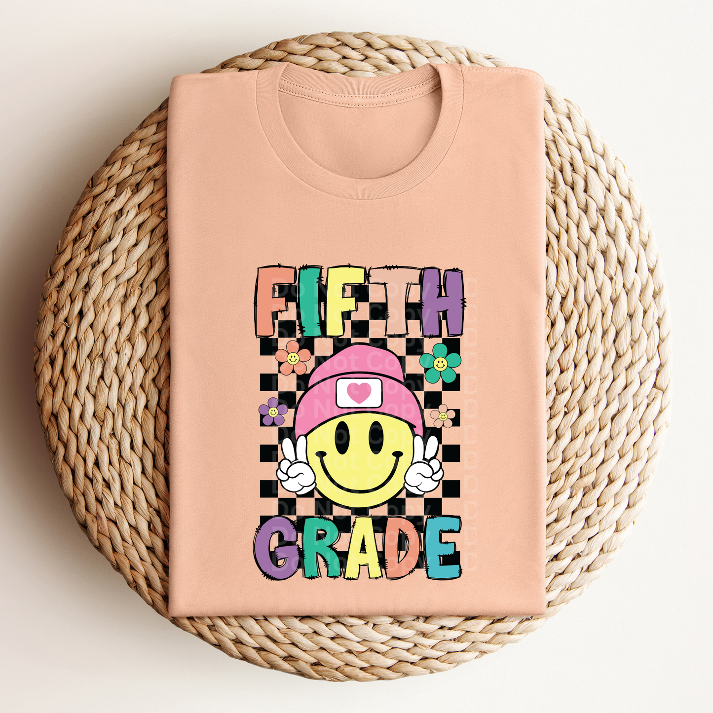 Fifth Grade Smiley Checkered with flowers DTF Transfer