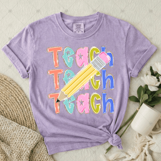 Teach Stacked w/ Pencil Faux Gold Glitter Outline DTF Transfer