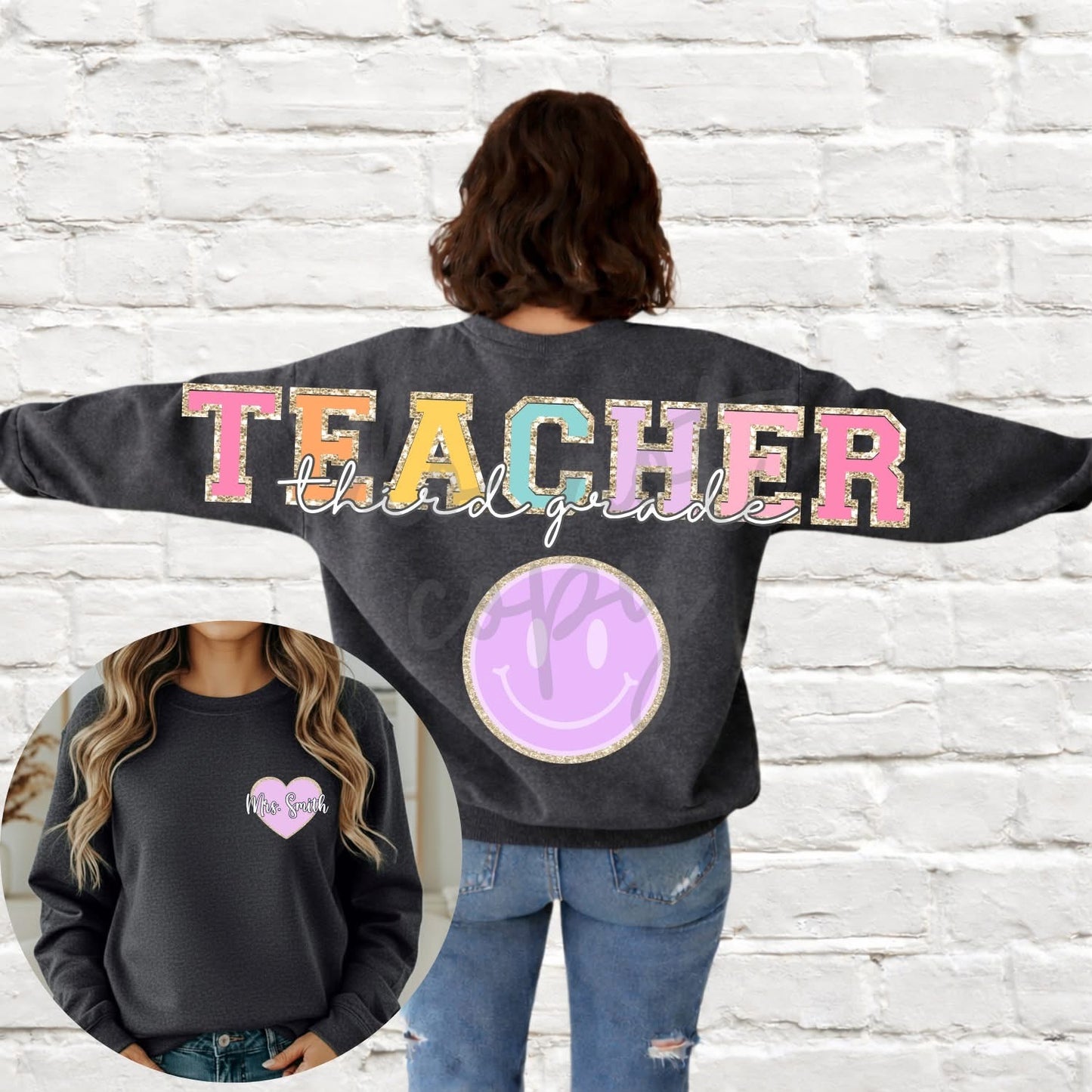 Teacher Full Back & Pocket DTF Transfer “Leave Teacher’s Name, Pocket Color, Smiley Choice, Grade and Cursive Back Text Color in checkout notes”