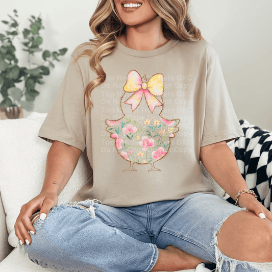 Floral Chick Outline w/ Bow DTF Transfer