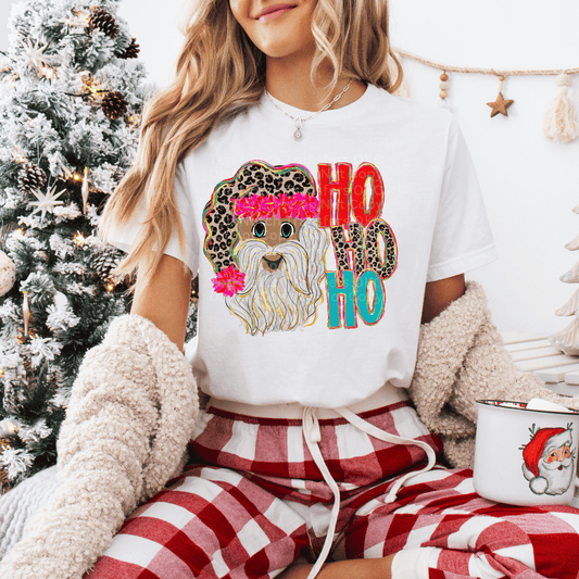 Ho Ho Ho Happy Santa w/Leopard & Pink Hat (Dark) DTF Transfer