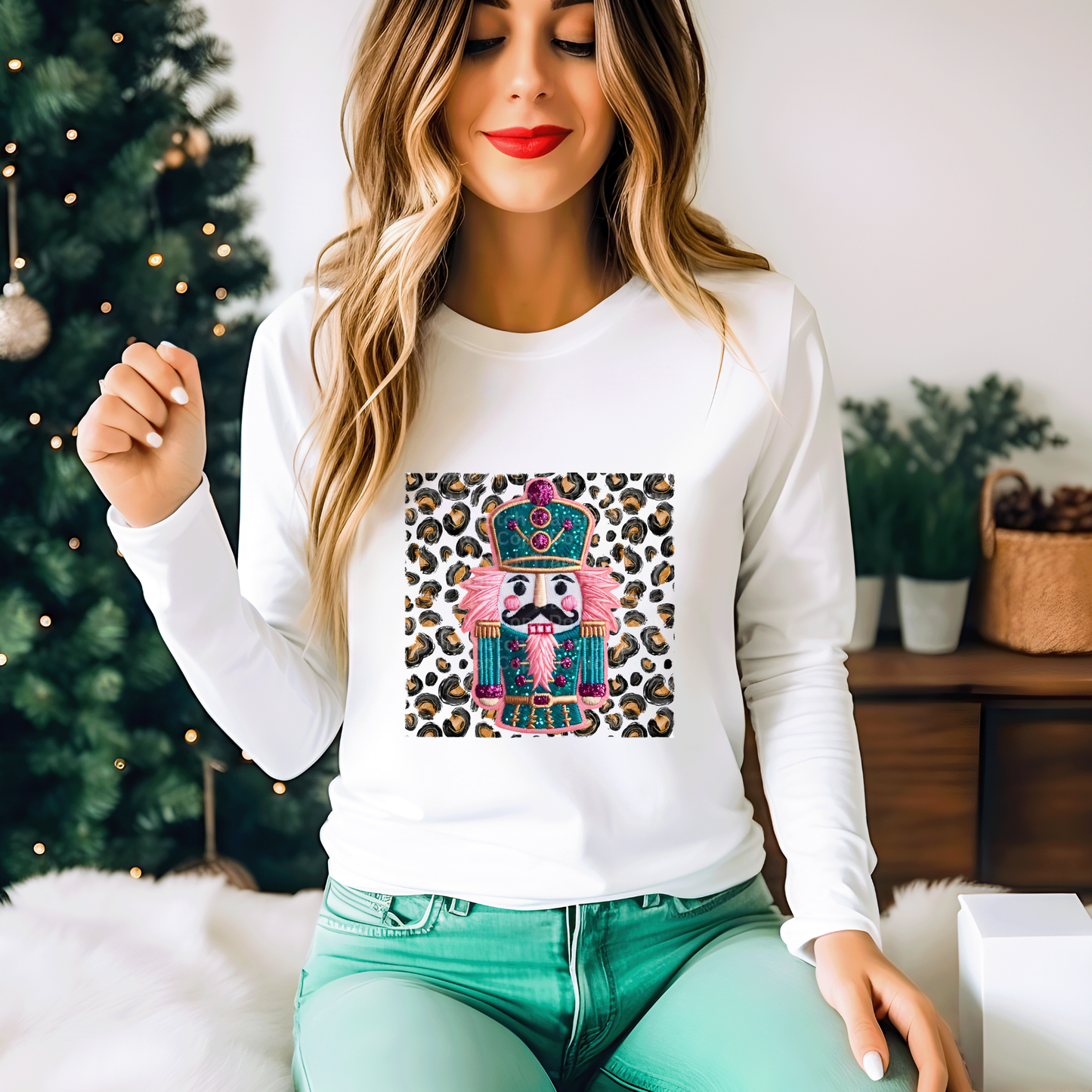 Blue Nutcracker Leopard Background - Faux Embroidery DTF Transfer