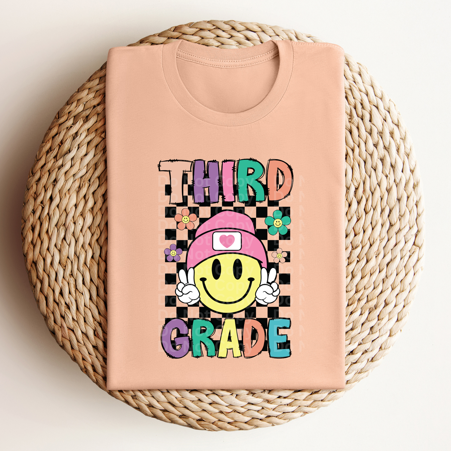 Third Grade Smiley Checkered with flowers DTF Transfer