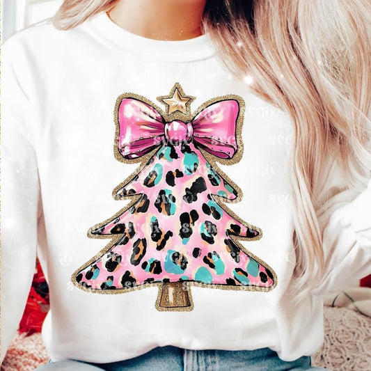 Pink & Leopard Print Christmas tree with gold outline DTF Transfer