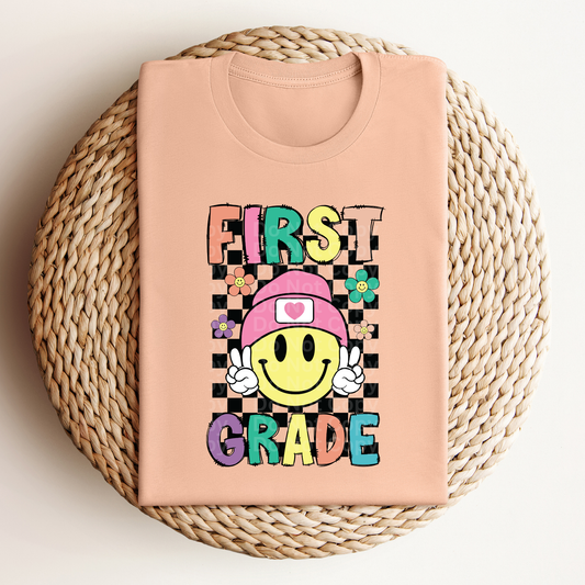 First Grade Smiley Checkered with flowers DTF Transfer