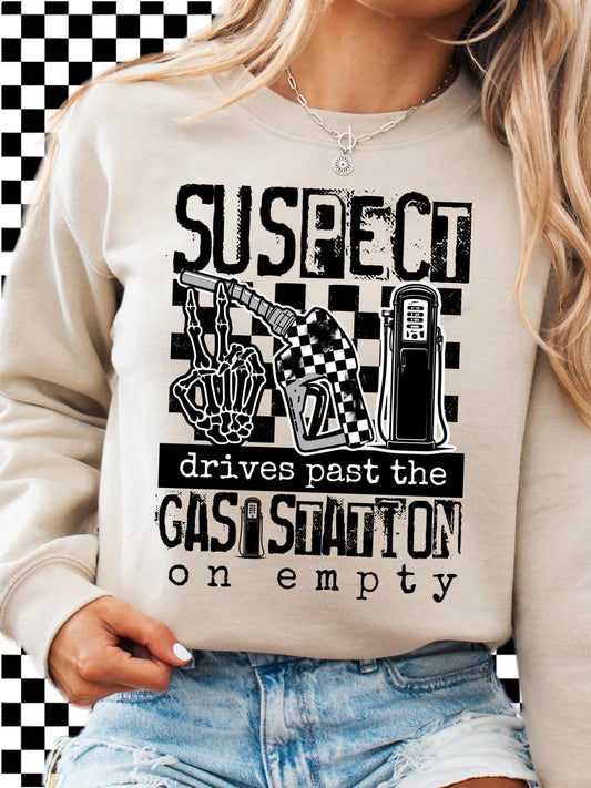 Suspect- Drives past the gas station on empty checkered DTF Transfer
