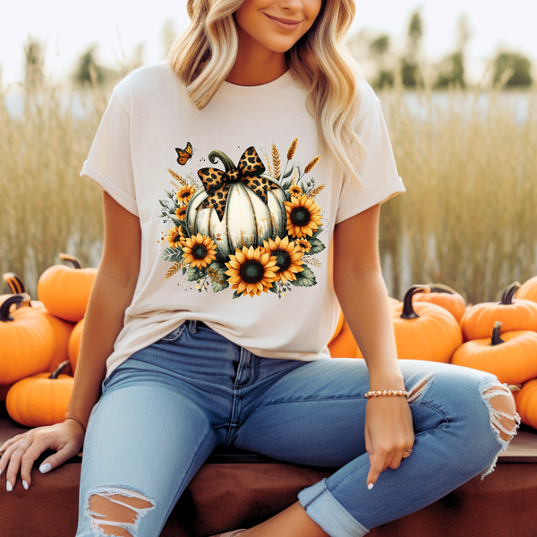 White Pumpkin with Bow and Sunflowers DTF Transfer