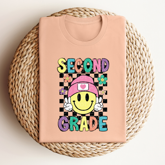Second Grade Smiley Checkered with flowers DTF Transfer