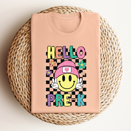 Hello Pre-K Smiley Checkered with flowers DTF Transfer
