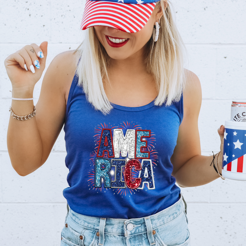 America Faux Sequins with Fireworks DTF Transfer