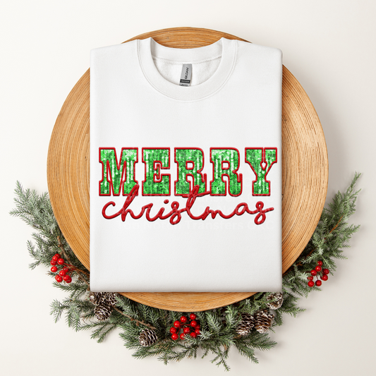 Merry Christmas Red Green Faux Sequins DTF Transfer