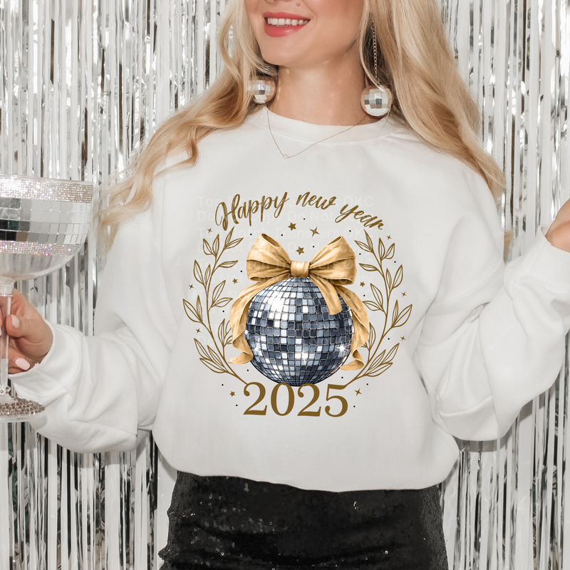 Happy New Year 2025 Disco Ball w/Gold Bow DTF Transfer