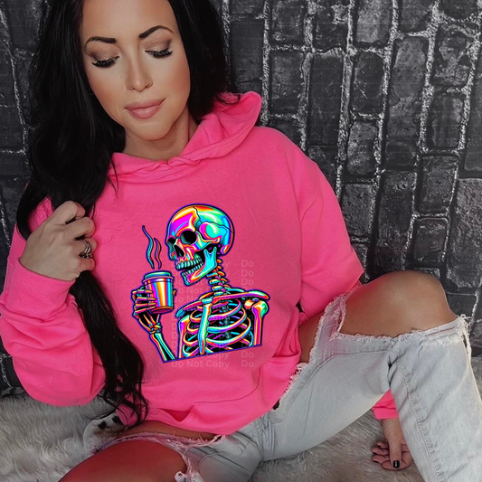 Holographic Skeleton Drinking Coffee DTF Transfer