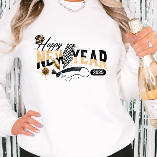 Happpy New Year 2025 Gold/Black with Bolt DTF Transfer