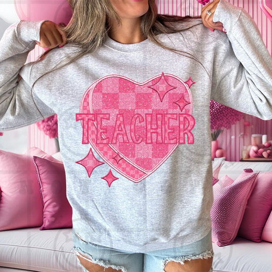Teacher - Pink Checkered Heart DTF Transfer
