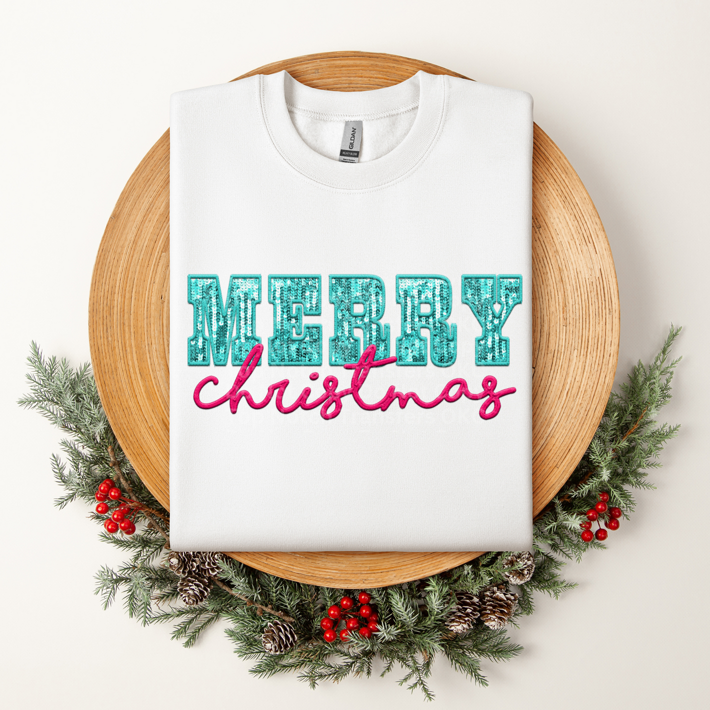 Merry Christmas Faux Sequins Pink & Aqua DTF Transfer