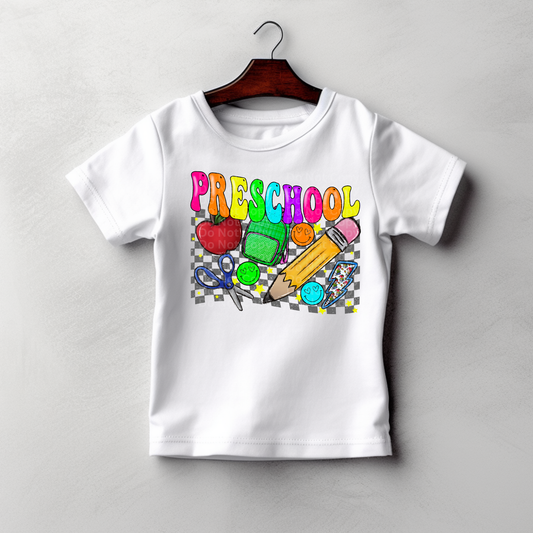 Preschool Multicolor Font/Grey Checkered DTF Transfer