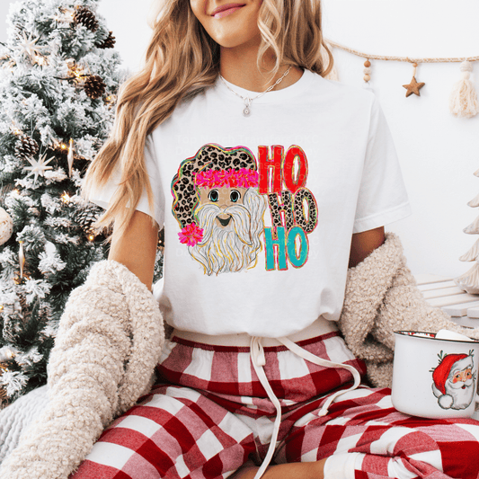 Ho Ho Ho Happy Santa w/Leopard & Pink Hat (Light) DTF Transfer